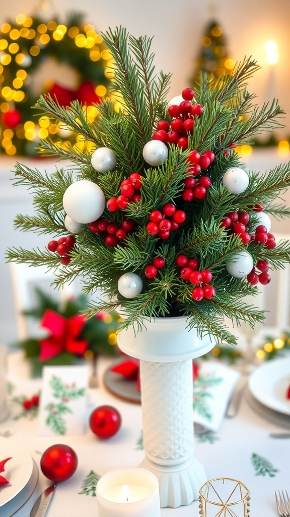 Christmas table centerpiece with pine branches, berries, and ornaments in a decorative vase on a festive table.